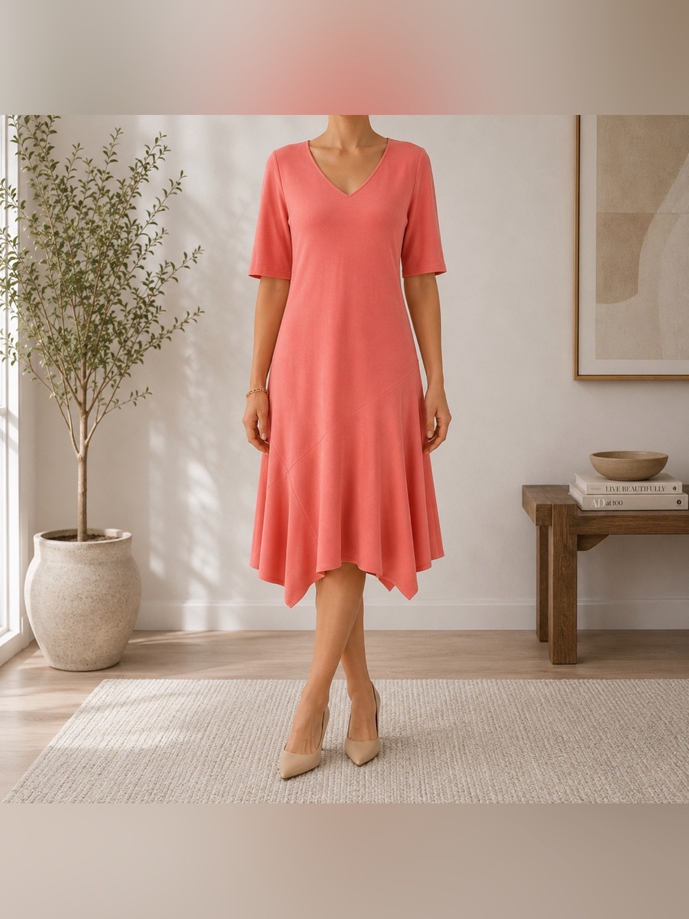 Lafayette 148 Dress Small Asymmetrical V Neck Women’s Small Coral Salmon Knit
